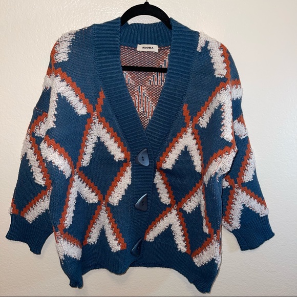NWT Adora Teal & Orange Geometric Abstract Shaped Button Cardigan One Size - Picture 9 of 16